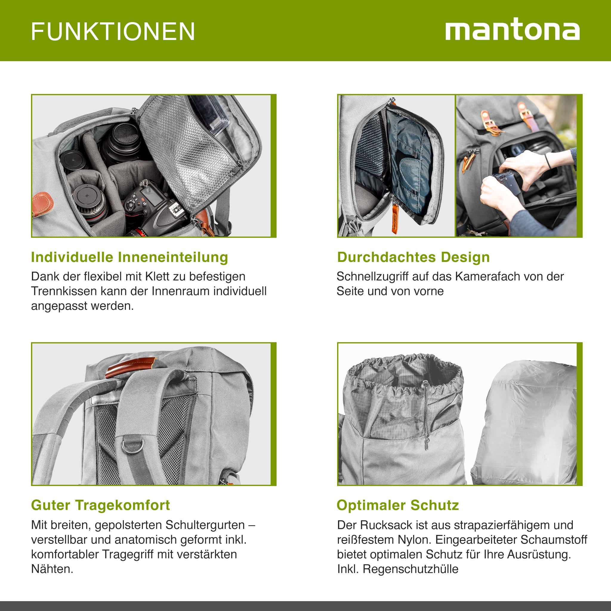 Mantona Luis junior Retro Zaino fotografico grigio, per fotocamera con copertura antipioggia, borsa fotografica con scomparto per laptop, DSLR, 3 obiettivi e accessori fotografici