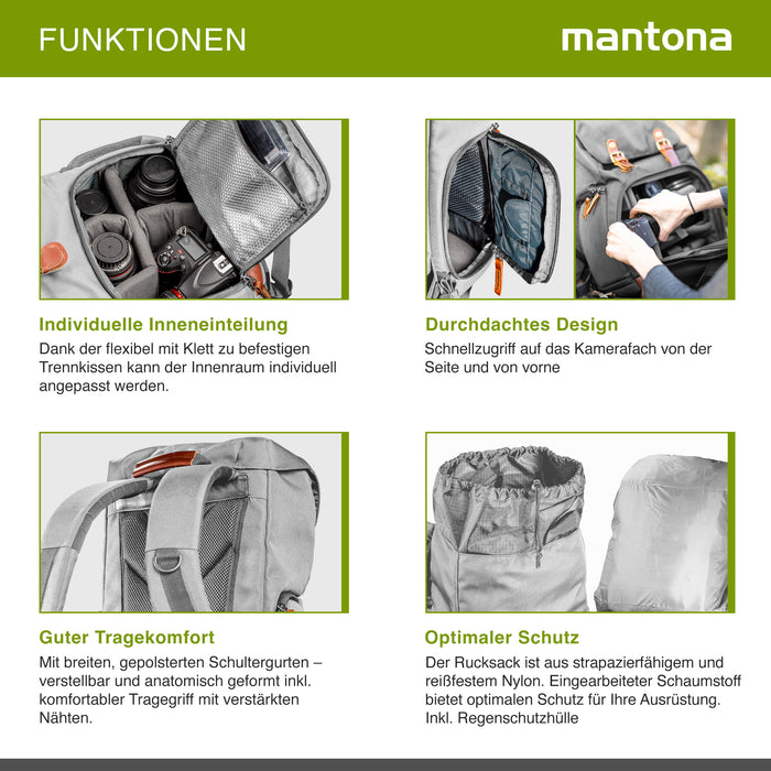 Mantona Luis junior Retro Zaino fotografico grigio, per fotocamera con copertura antipioggia, borsa fotografica con scomparto per laptop, DSLR, 3 obiettivi e accessori fotografici