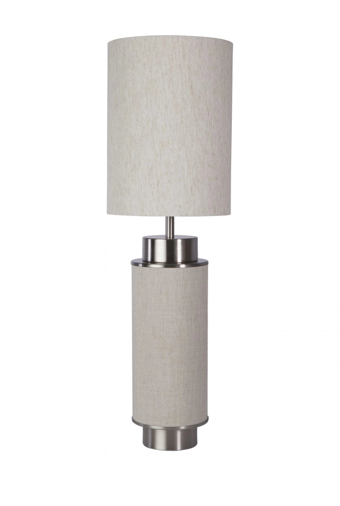 Lampada da tavolo Flask - nichel satinato, tela di iuta grigia e paralume bianco