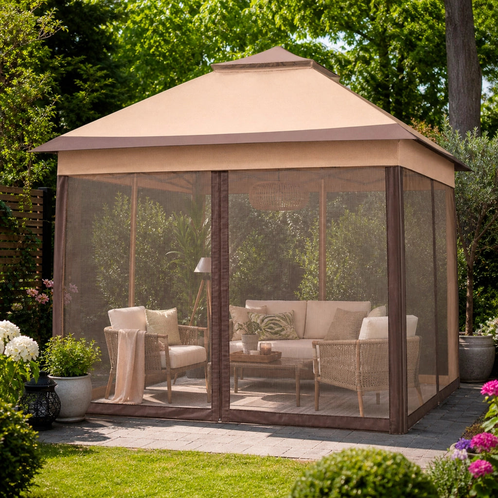 Gazebo Da Giardino Pop Up 3.33 X 3.33 Metri Altezza Regolabile Da 2.7 A 2.9 M Con Zanzariere Removibili Apertura Rapida E Borsa Trasporto Per Eventi Patio Piscina Campeggio Feste Kaki