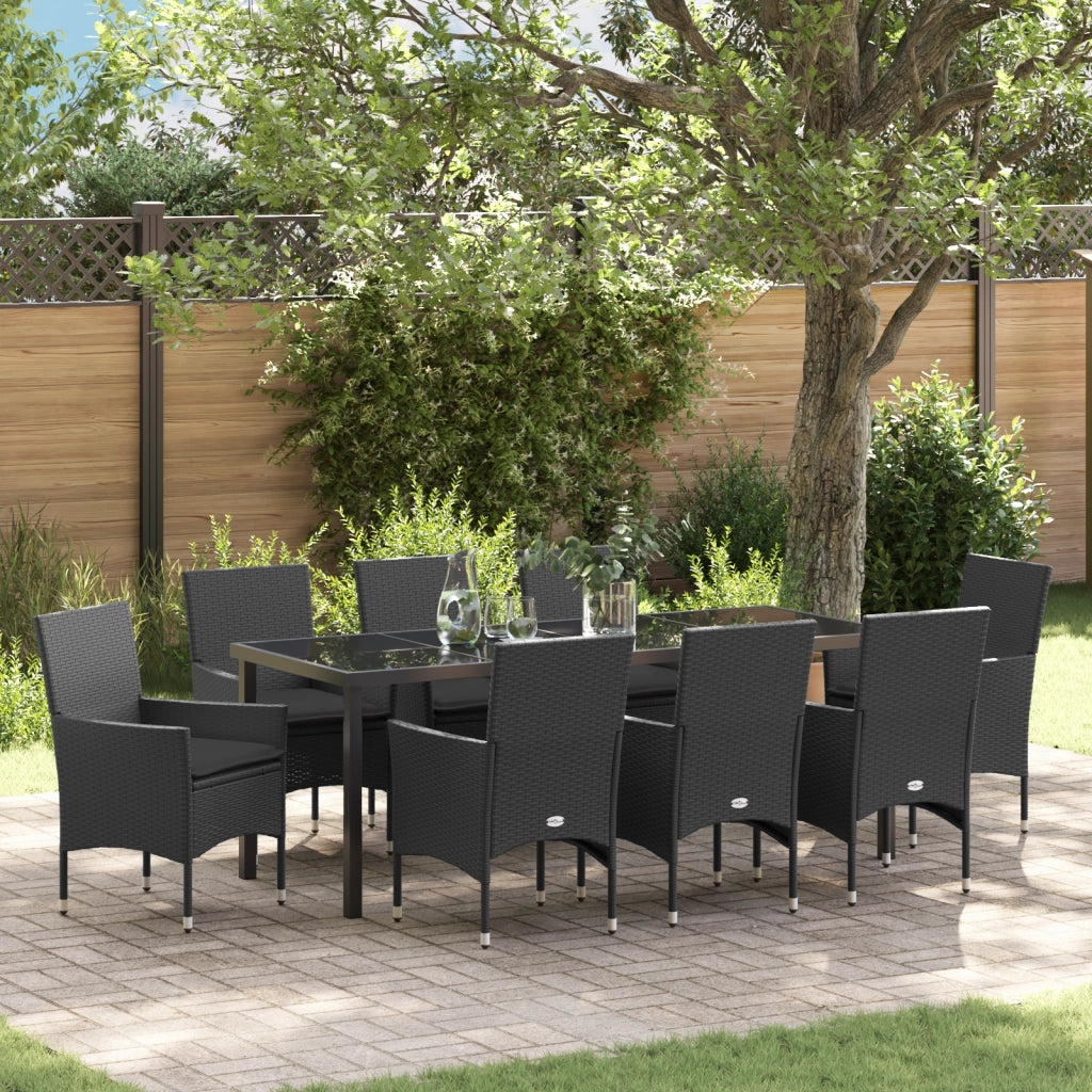Set da Pranzo per Giardino 9 Pezzi con Cuscini Polyrattan Nero