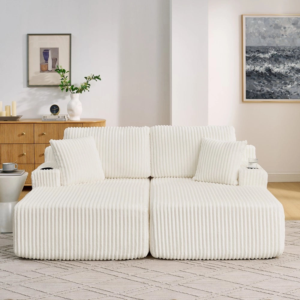 Divano Letto 2 Posti Relax ¨C Xylo ¨C Tessuto a Coste, Beige, con Cuscini e Poggiapiedi