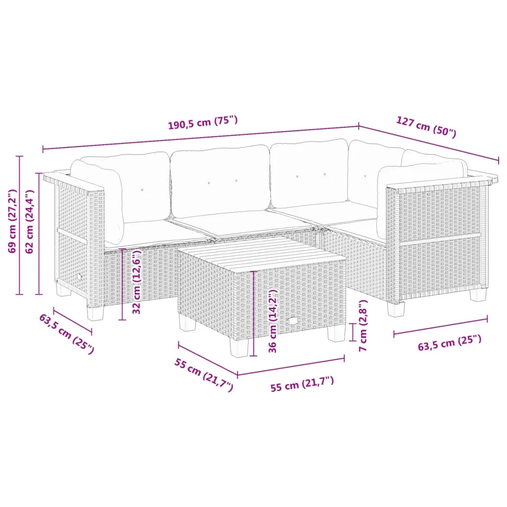 Set Divani da Giardino 5 pz con Cuscini in Polyrattan Nero