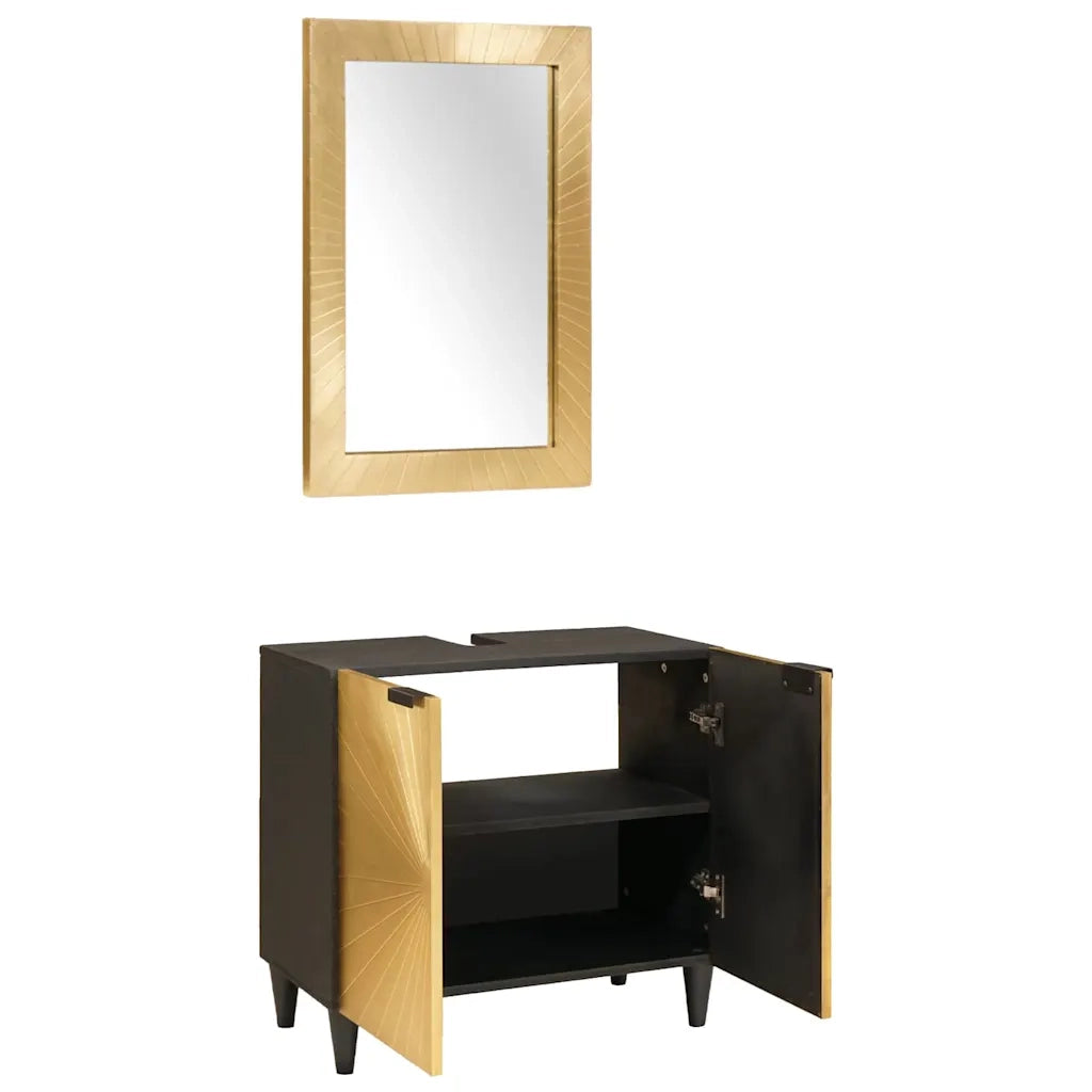 Set di Armadi da Bagno 2 pcs Nero e Oro Legno di mango massello