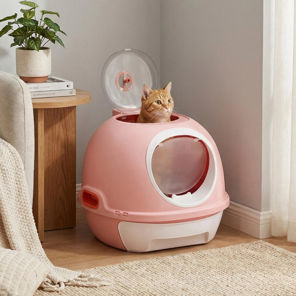 Lettiera per gatti con coperchio stile elicottero  frontale uscita ribalta-Toilette per gattini cassetto portatile piccoli medi fino a 10 kg Rosa