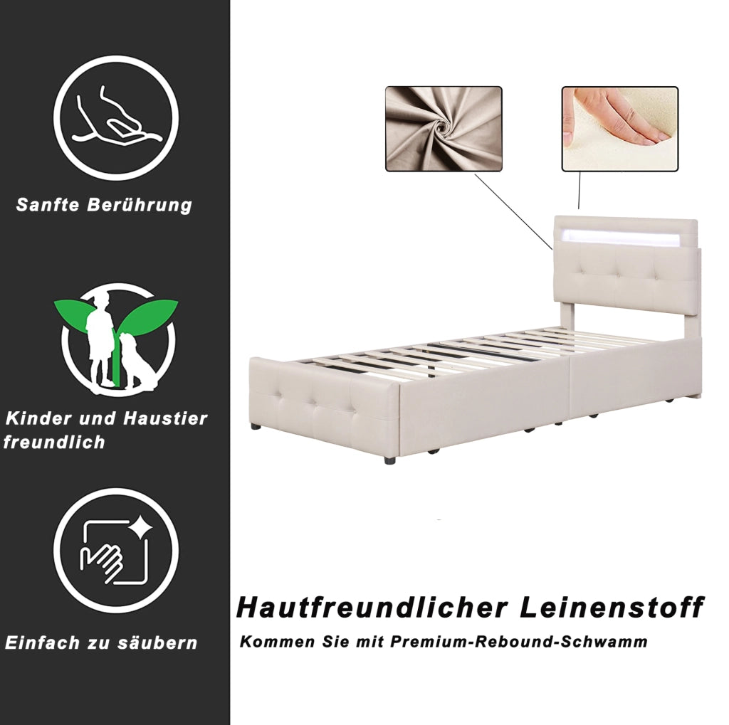 Letto singolo imbottito beige con LED e 2 cassetti