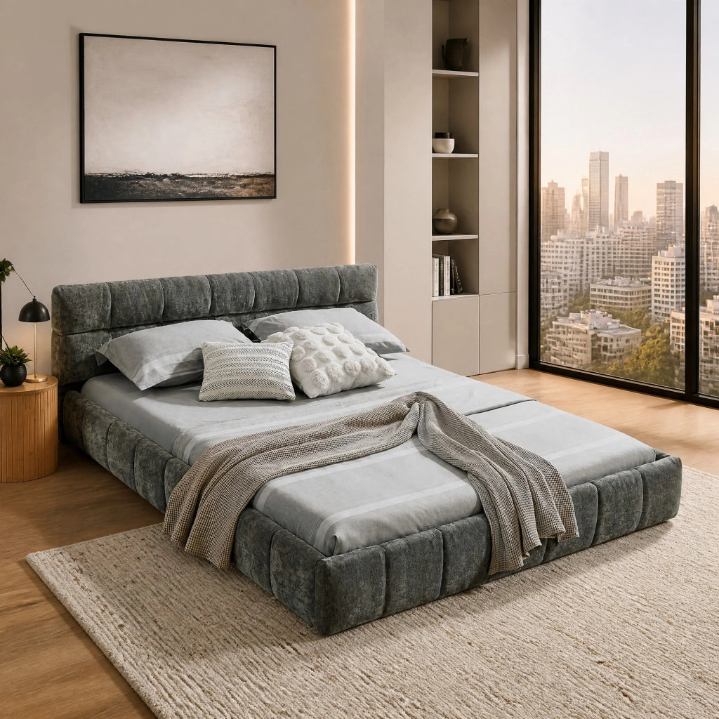 Letto matrimoniale 140x200 cm in chenille Dark Gray con struttura in eucalipto e ferro