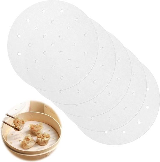 200 pezzi di carta per dim sum - carta per forno perforata - pergamena rotonda - carta per stampare - carta per stufa - mat di stufa in bambù - stufa per pane - 20 cm bianco