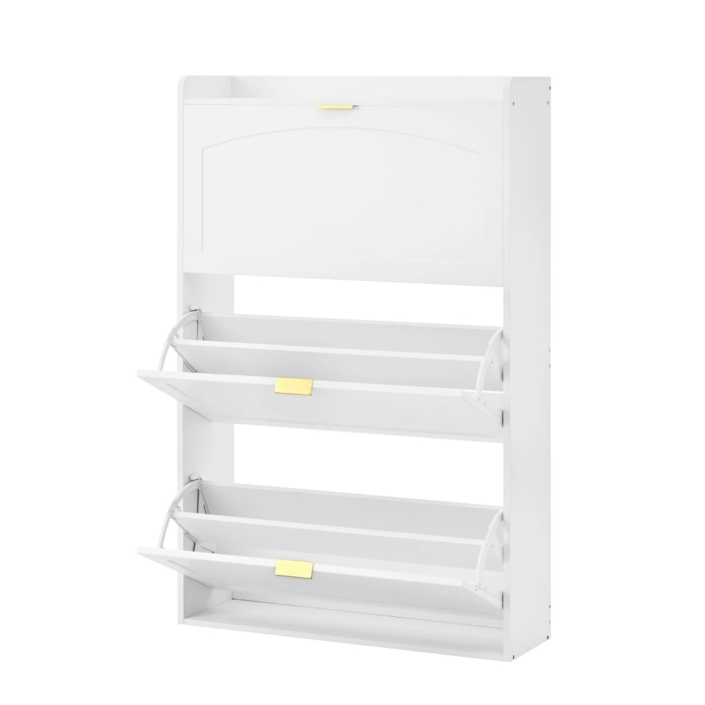Scarpiera stretta con 3 ante a ribalta, mobile scarpe bianco per ingresso e soggiorno, 76x23x118 cm