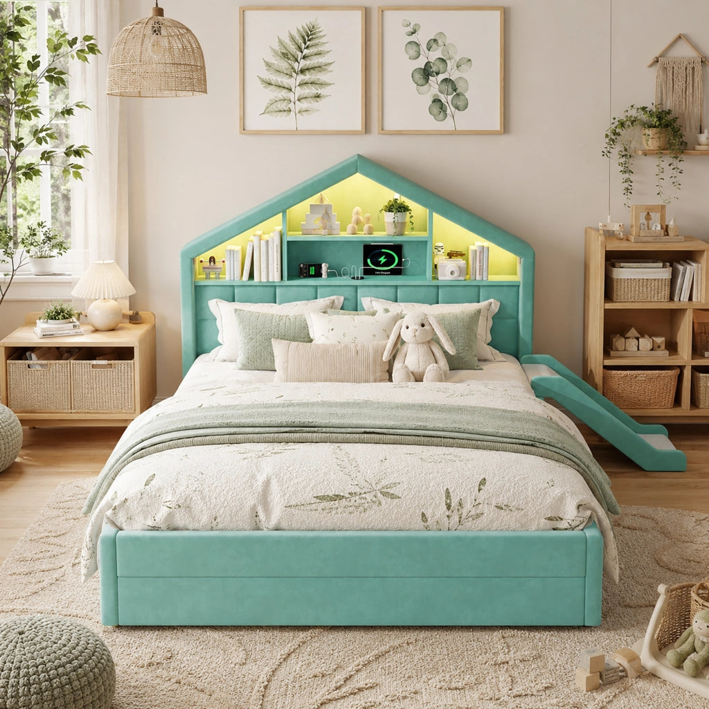 Letto a casetta per bambini 140 × 200 cm con scivolo reversibile, LED e presa, senza materasso, in velluto blu verde