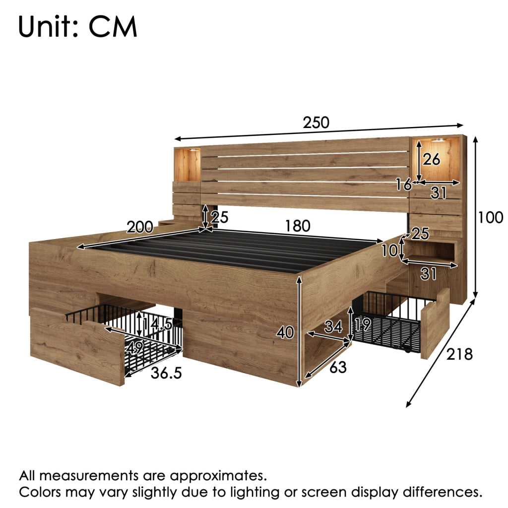 Letto matrimoniale 180x200 cm con LED, USB-C e cassetti contenitivi