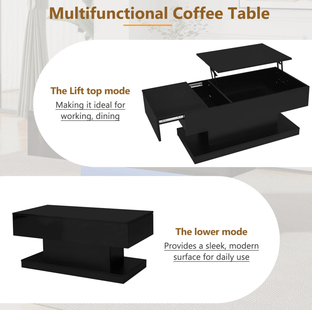 Tavolino da salotto con sollevamento idraulico; LED e contenitore 100x50x45 cm; nero lucido