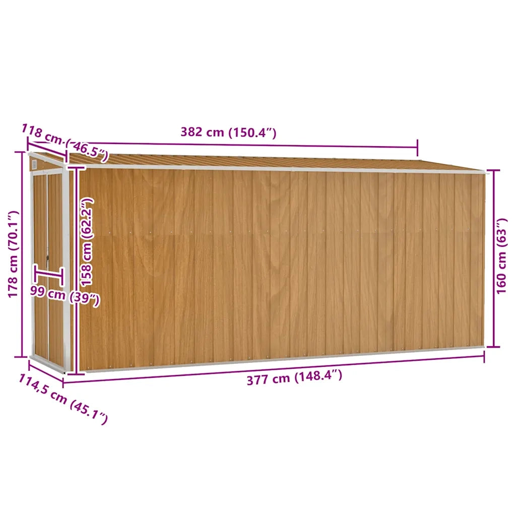 Capanno Giardino a Parete Marrone 118x382x178cm Acciaio Zincato