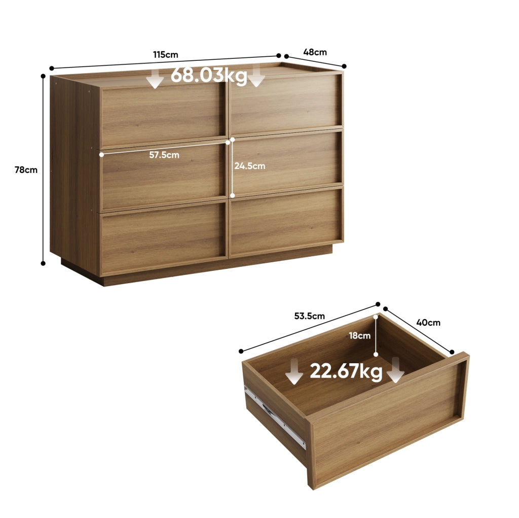 Cassettiera 115x48x78 cm con sei cassetti; guide metalliche; in MDF e truciolare; naturale