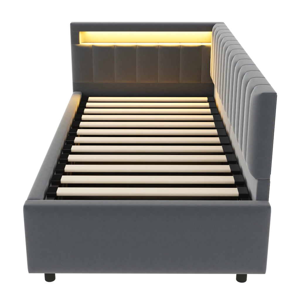 OKWISH Letto Divano 90×200 cm, Letto Singolo con LED, Contenitore Idraulico e Testiera Reversibile, senza Materasso, Grigio