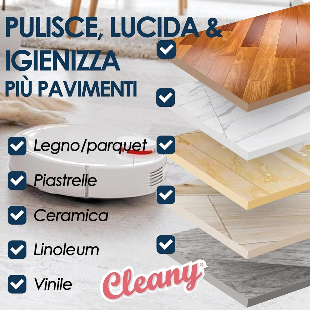 CLEANY Detergente Concentrato per Robot Lavapavimenti e Aspirazione con Igienizzante Multisurface 1000ml pulizia senza aloni e sostenibile Adatto a tutti i Robot (SENZA PROFUMO)