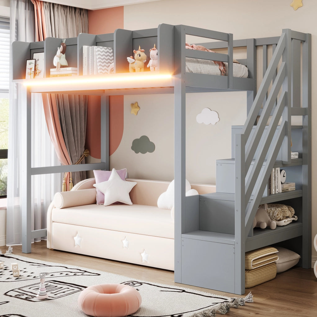 Letto a soppalco 90x200 cm in legno grigio con LED; sponde di sicurezza; ripiani e scala