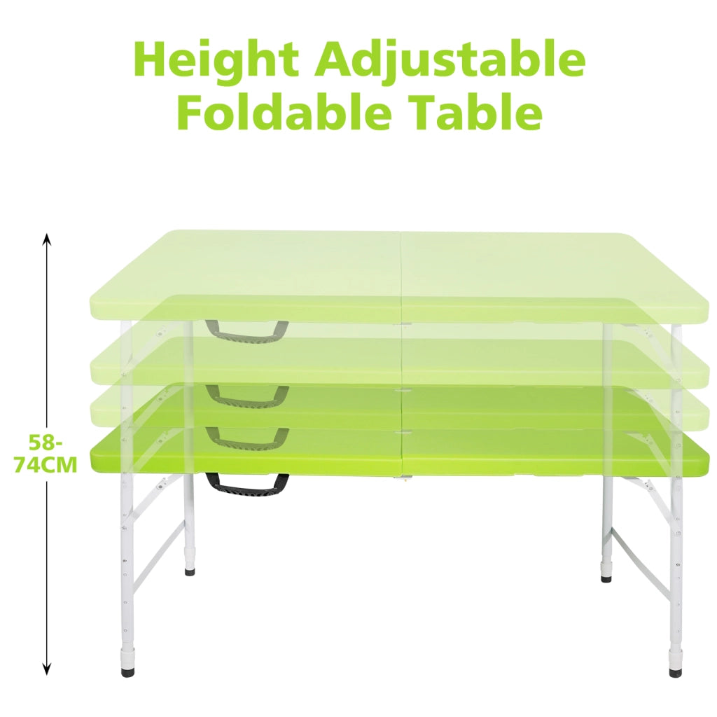 Tavolo pieghevole con piano in plastica ad alta densità e telaio in acciaio, altezza regolabile, per interno ed esterno, verde, 125 × 61 × 58-74 cm