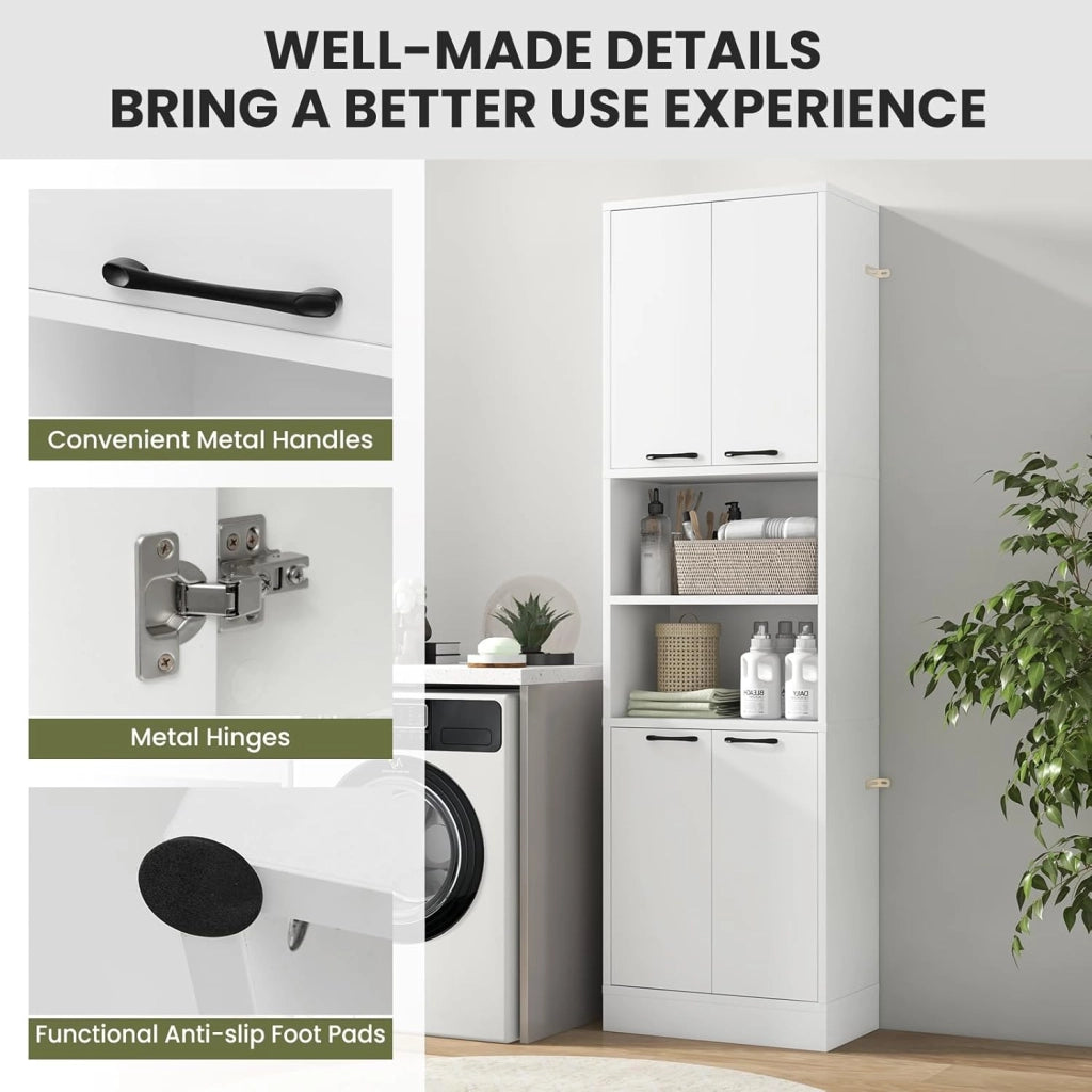 Credenza da Cucina Alta 190 cm con 4 Ante, 2 Scomparti Aperti e 6 Ripiani, 4 Kit Antiribaltamento, Armadio Portaoggetti per Cucina e Bagno