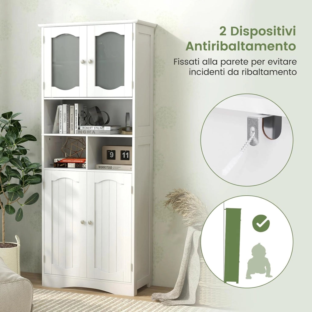 Armadietto Salvaspazio 60 x 30 x 148,5cm, Mobile Bagno con Scomparti Aperti, Scaffafli Regolabili e 2 Porte in Vetro Temprato, Armadio da Bagno per Ufficio, Soggiorno e Camera da Letto, Bianco