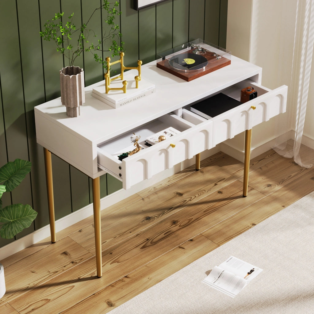 OKWISH Toeletta con 2 Cassetti, Contenitore Compatto, per Camera da Letto, in Legno e Metallo, Bianco Crema, 100×45×76.5 cm