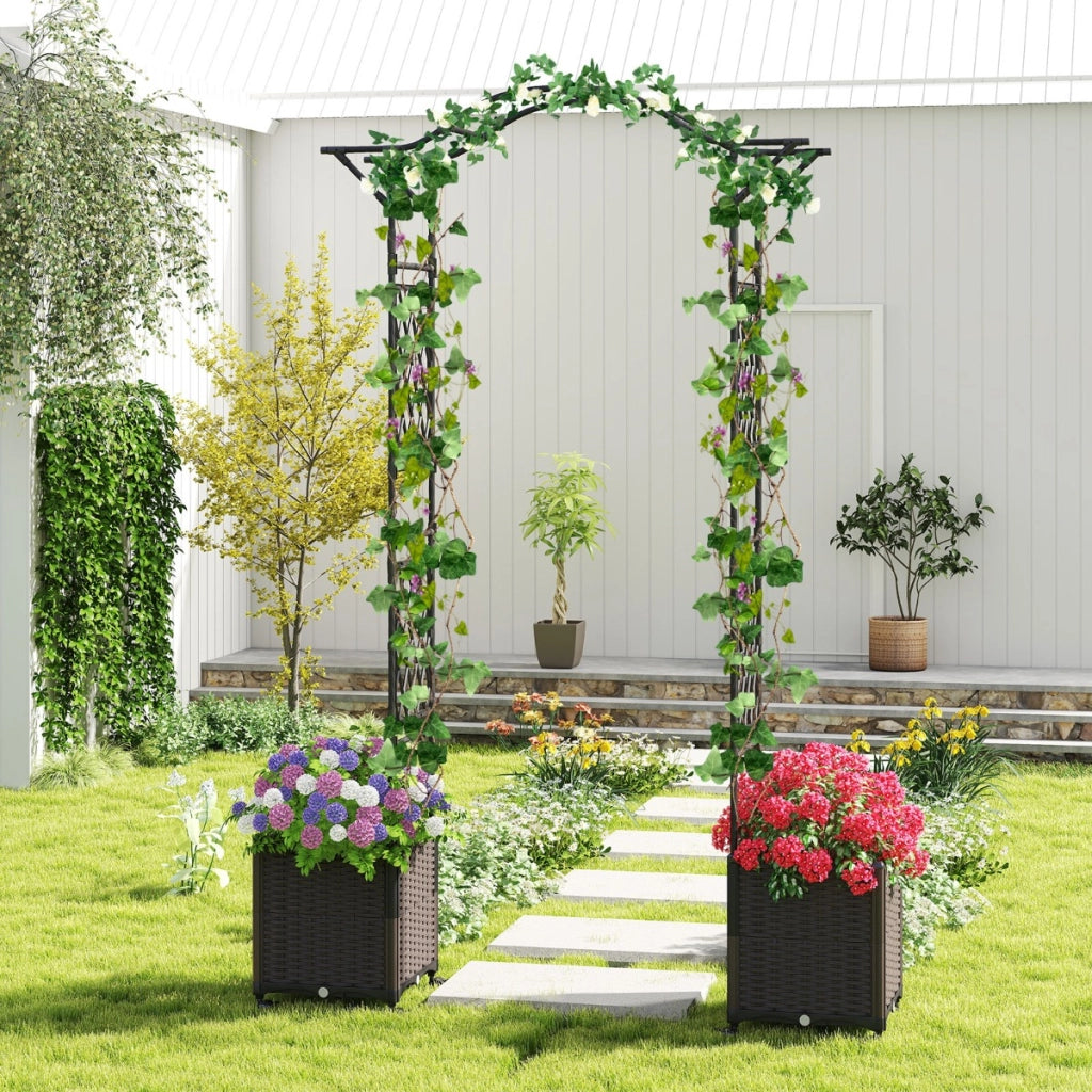 Arco in metallo da giardino con 2 fioriere auto-irriganti e ruote, Grande arco da matrimonio all'aperto per viti e rose Nero-Fioriere