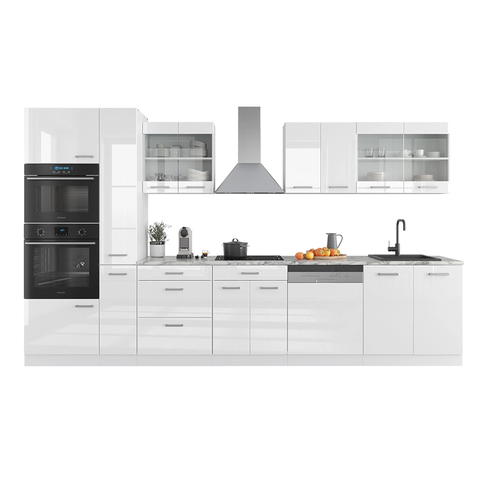 Cucina componibile R-Line Bianco lucido/Bianco 350 cm con armadio alto, PL Antracite Vicco