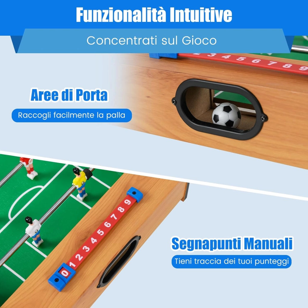 2 in 1 Calcio Balilla in Legno, Calcetto da Tavolo e Hockey da Tavolo con 6 Aste, con 2 Segnapunti, Biliardino per Bambini e Adulti da Casa, 69 x 36 x 10 cm