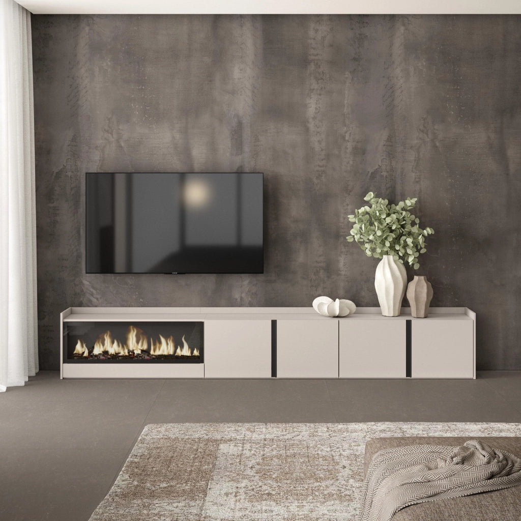 Mobile TV Soggiorno, 315x50x35 cm, Per TV fino a 80", Camino elettrico XXL, Beige