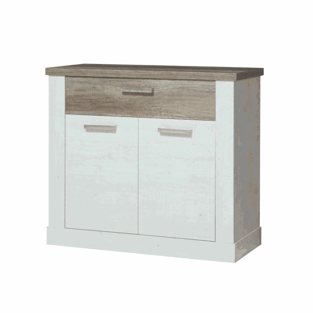 Madia Flux 2 ante e 1 cassetto 101 cm pino bianco con top rovere antico