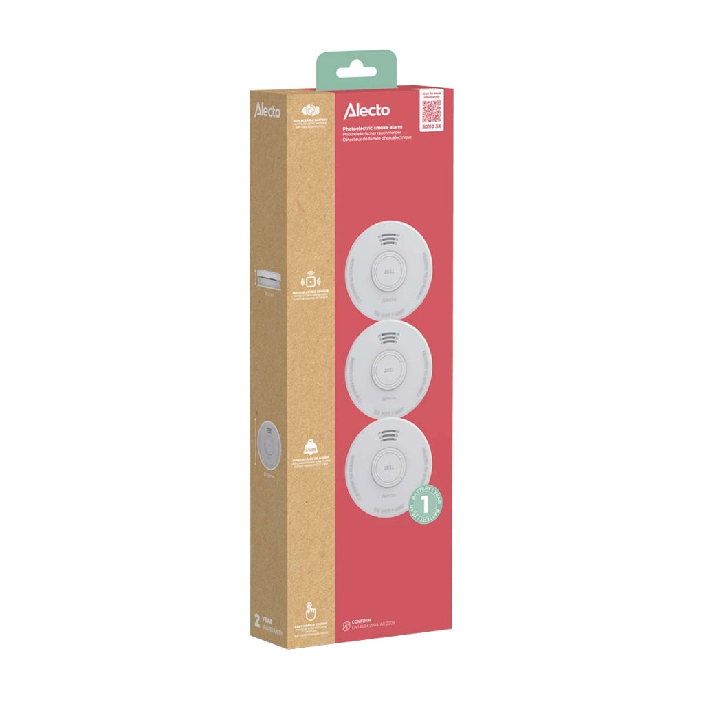 Set di 3 Rilevatori di Fumo 85 dB Autonomi con Batteria 9v Sostituibile da 1 Anno Bianco Alecto