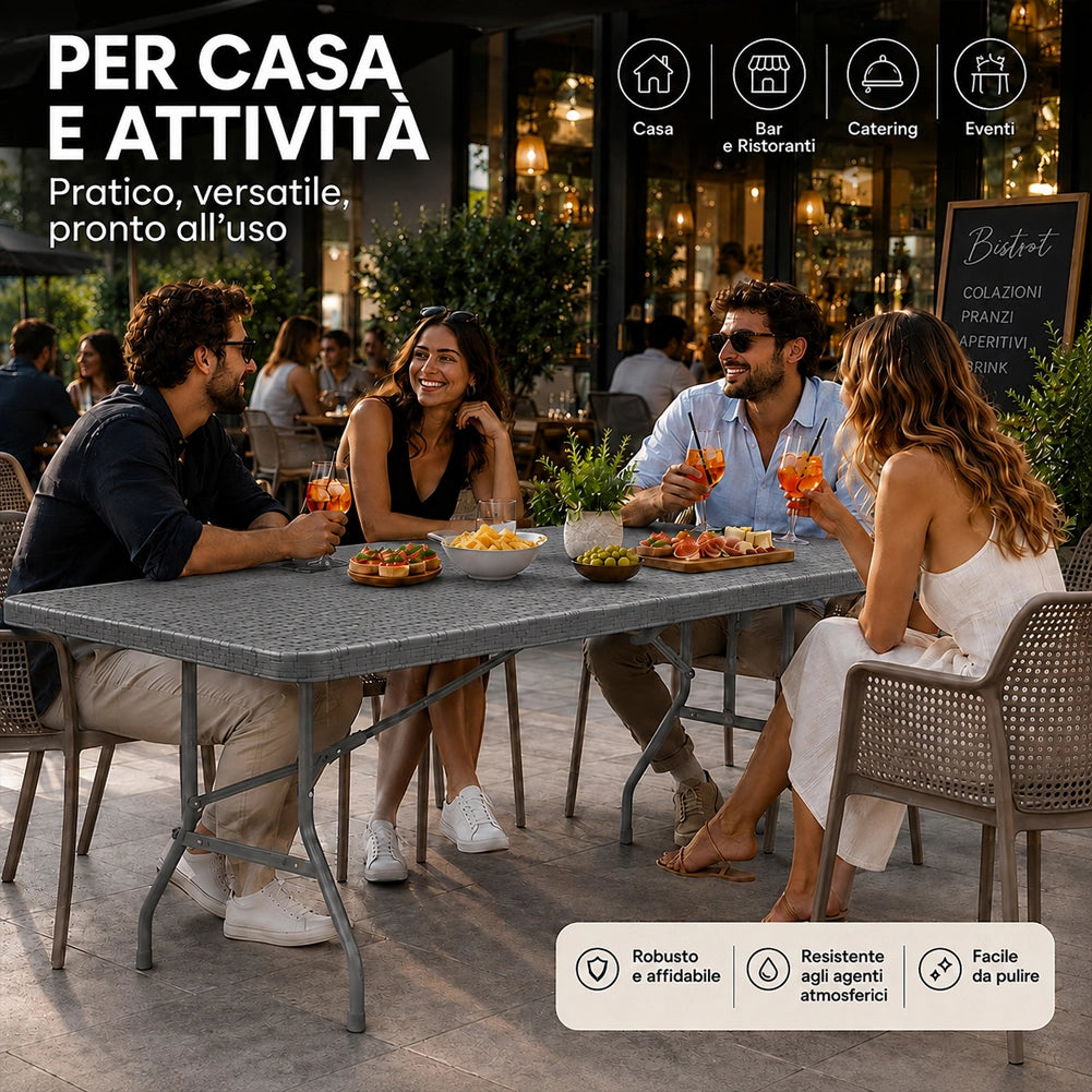 Tavolo Pieghevole Grigio Polyrattan Resistente Tavolino da Esterno 180x74x74cm