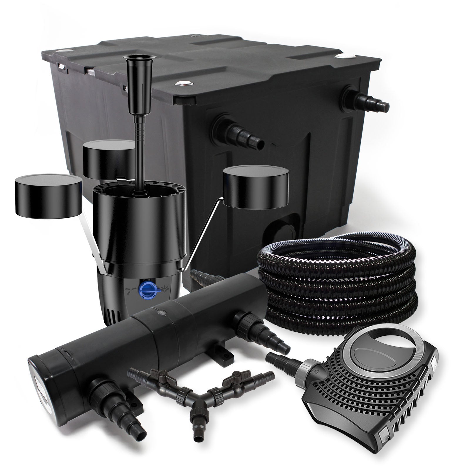 Set Filtro 60.000l Chiarificatore laghetto 24W Pompa NEO8000 70W Tubo 25m Skimmer