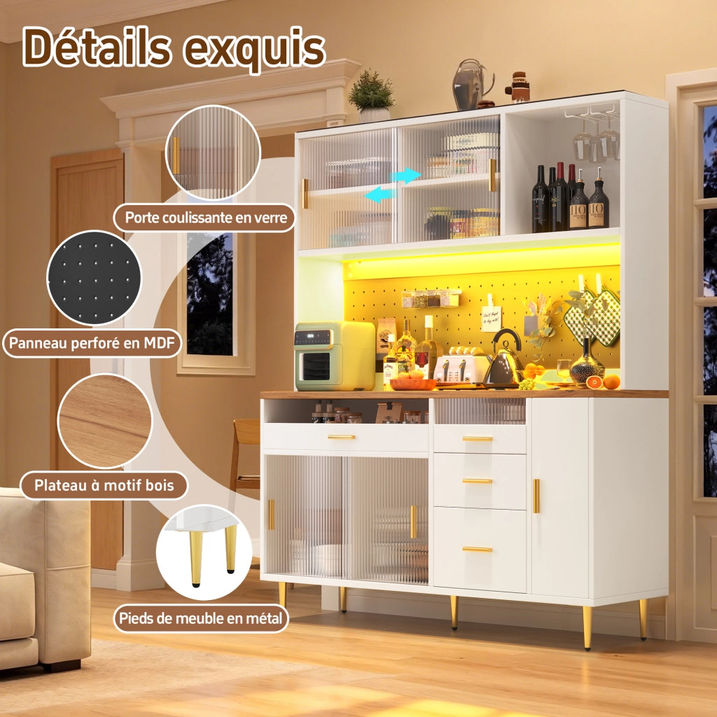 Credenza alta da cucina con 1 porta scorrevole in vetro; ripiani regolabili; pannello forato e LED; in MDF; 145 x 39 x 171 cm; Bianco