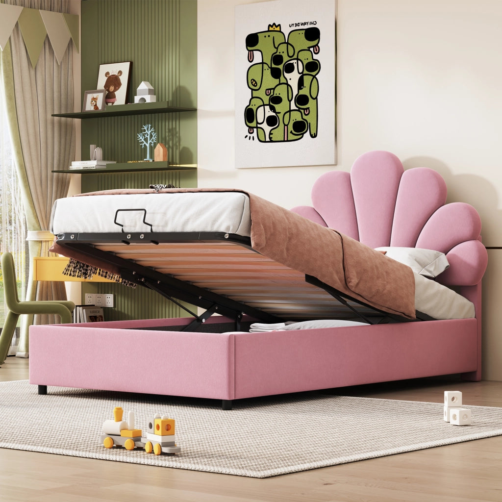 Letto Contenitore Letto Singolo 90×200 cm con Testiera Regolabile e Apertura Idraulica; senza Materasso; Rosa