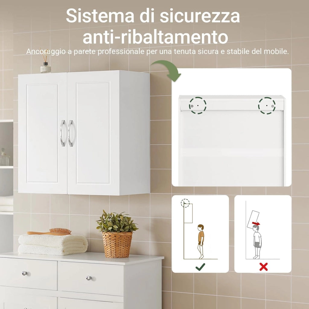 Pensile Cucina Sospeso - Mobile Cucina con Ante Bianco Mobile Pensile da Muro Salvaspazio in Legno 60x30x60 cm con Ripiani Regolabili Dispensa Moderna FRG231-W