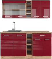 Cucina completa R-Line, Rosso lucido/rovere dorato, 160 cm, PL Rovere, adatto per combinazioni ed espansioni personalizzate