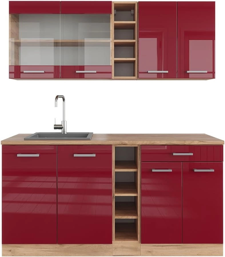 Cucina completa R-Line, Rosso lucido/rovere dorato, 160 cm, PL Rovere, adatto per combinazioni ed espansioni personalizzate