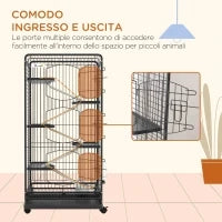 Gabbia per Piccoli Animali con Ruote, 5 Rampe e 5 Piattaforme, Ciotola e Bottiglia, 61.5x44x131 cm, Nero