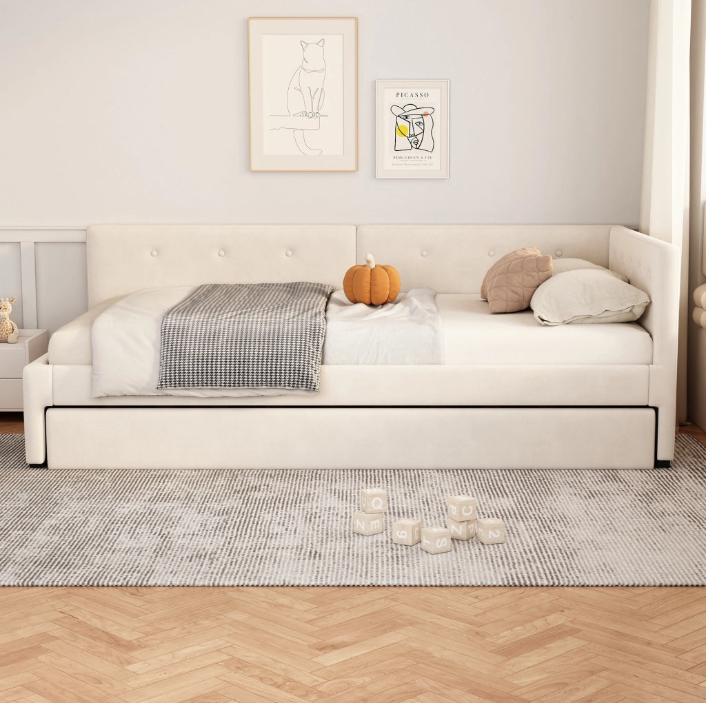 Letto singolo imbottito 90x200 cm con letto estraibile beige