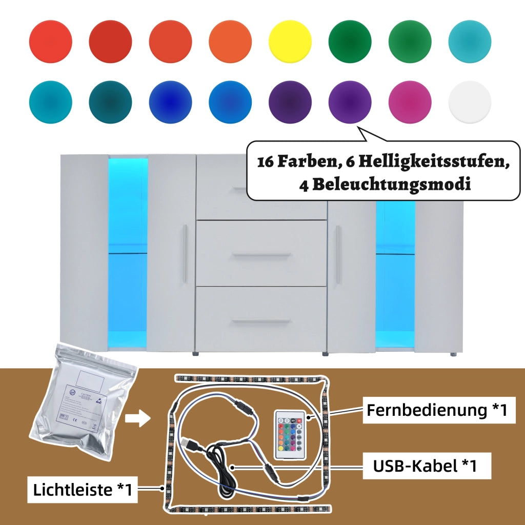 Mobile TV con 2 ante e 3 cassetti; illuminazione LED - per soggiorno - 140×35×70 cm