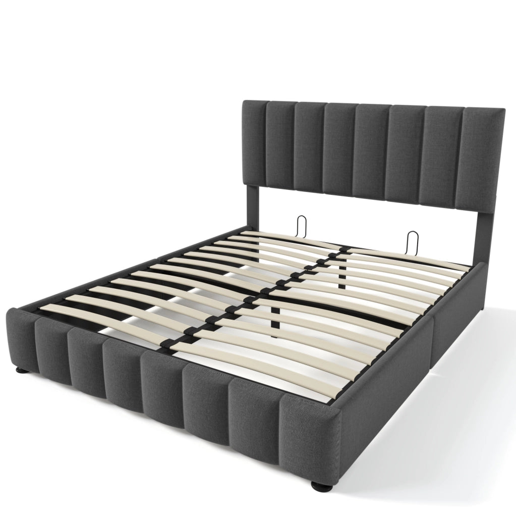 Letto matrimoniale imbottito 140x200 cm in lino grigio con contenitore e testiera regolabile