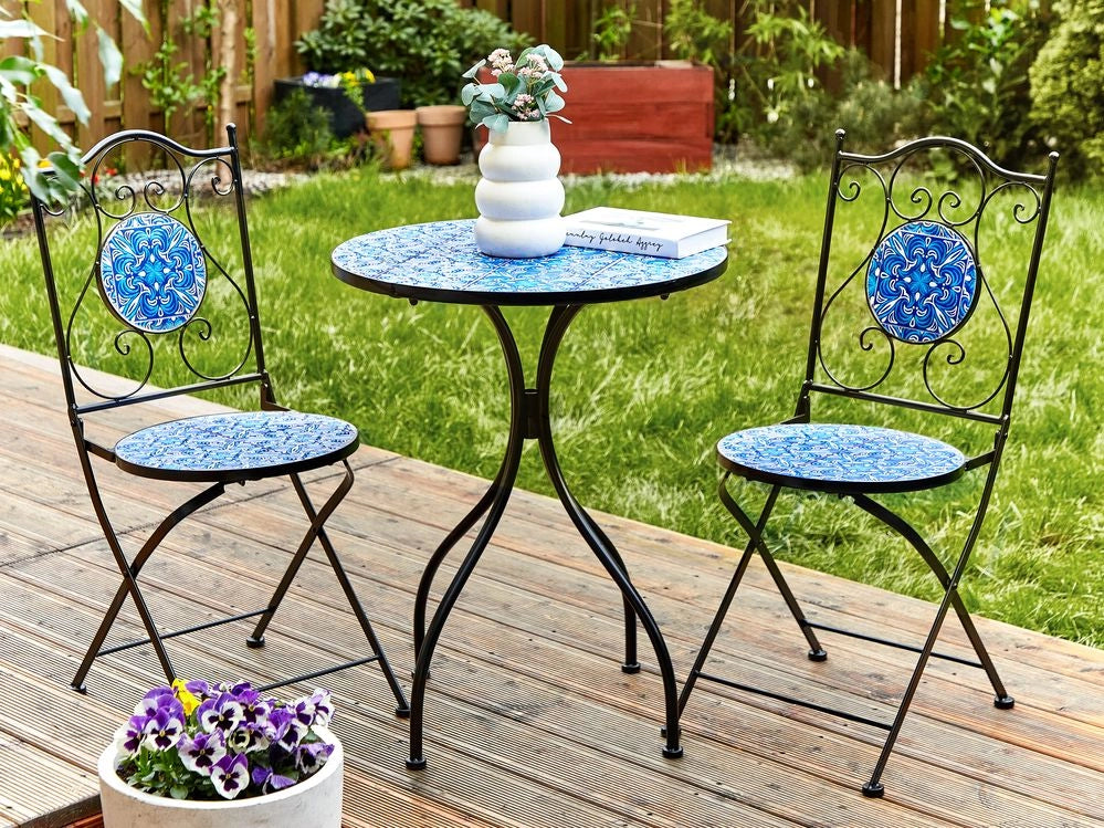 Tavolo da bistrot per esterni in metallo con mosaico blu e telaio in ferro nero stile vintage