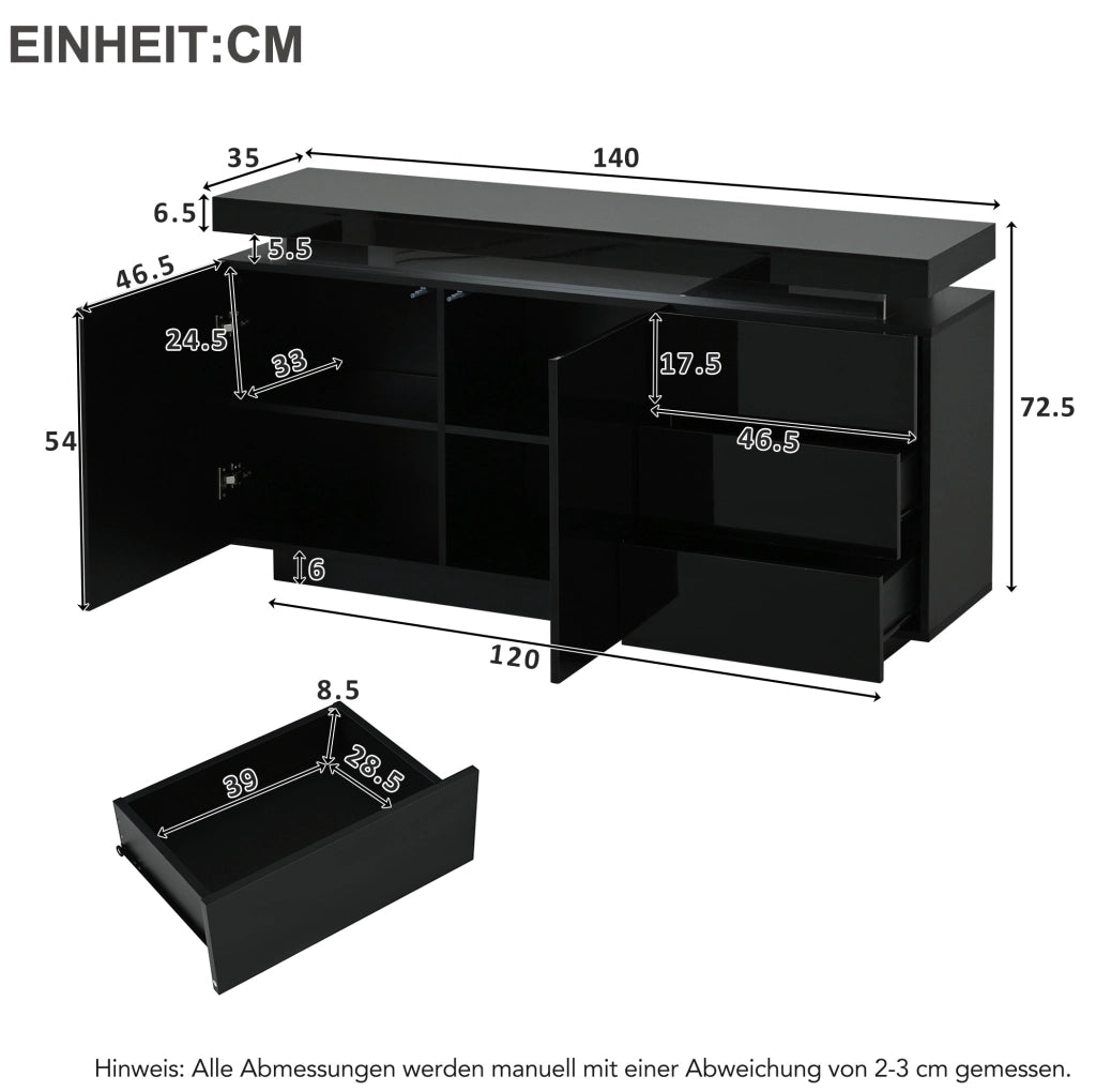 Credenza moderna laccata con illuminazione RGB e 3 cassetti
