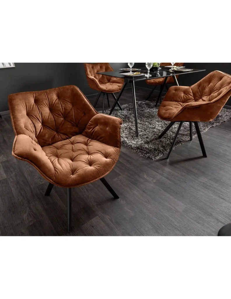 Set di 2 sedie design COMFY girevoli a 180° in velluto marrone trapuntato e piedi neri