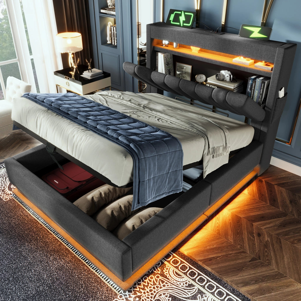 LETTO imbottito 90x200 cm con LED, USB e vano contenitore in lino grigio