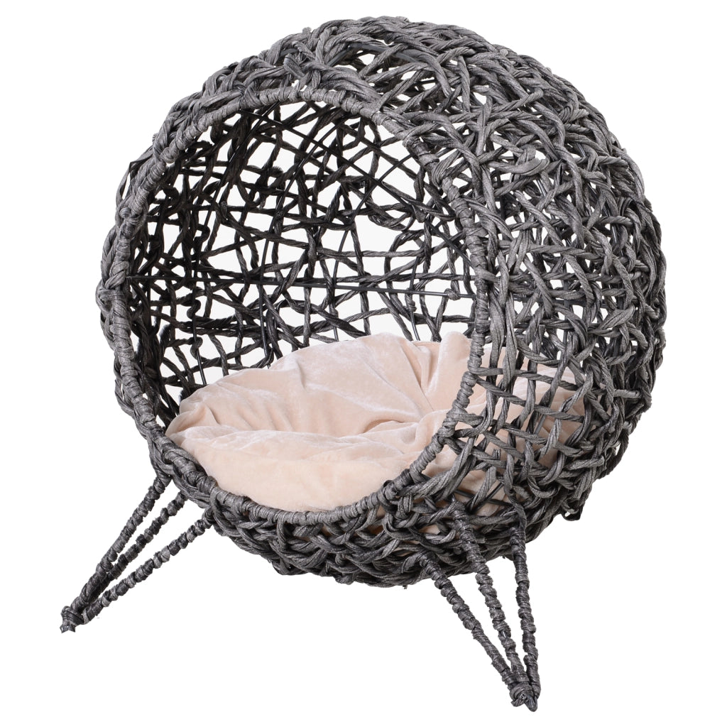 Casetta per Gatti in Rattan con Cuscini Grigio Argento ?52x58 cm ¨C zephmum