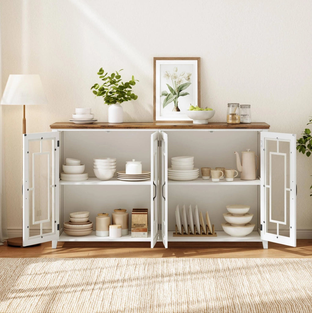 Credenza cucina 160 cm con ante in vetro; struttura in MDF bianco; design moderno