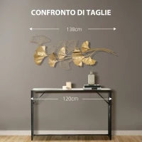 Decorazione Murale 3D in Metallo, Wall Art Dorata con Foglie di Ginkgo 138x70cm