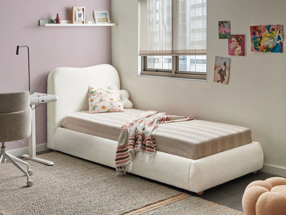Letto con contenitore in bouclé bianco sporco 90 x 200 cm design moderno e minimalista